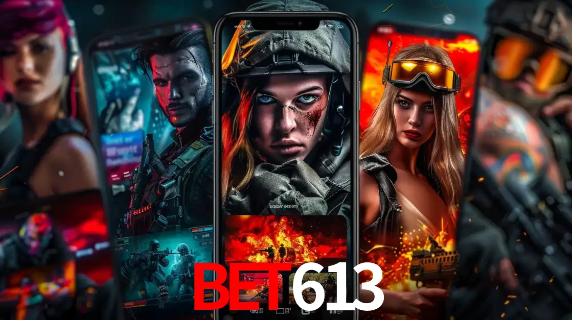 Montagem de telas de celular mostrando diversos personagens, masculinos e femininos, de um jogo de tiro, ilustrando a diversidade de equipes de e-sports para apostar no bet613.