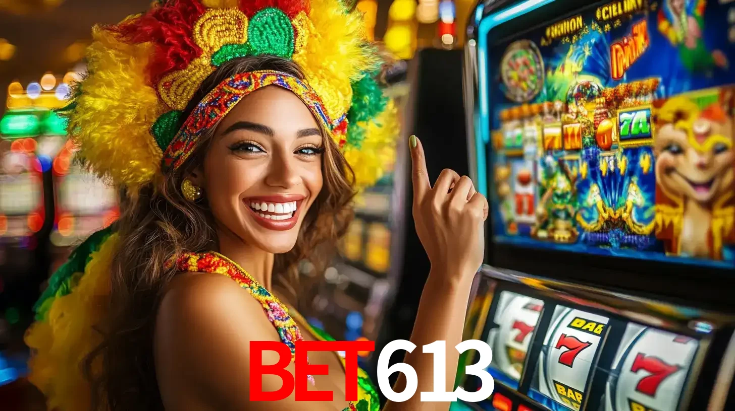 Mulher animada com um cocar de carnaval apontando para uma máquina de caça-níqueis, mostrando a emoção de ganhar um grande prêmio nos jogos do bet613.