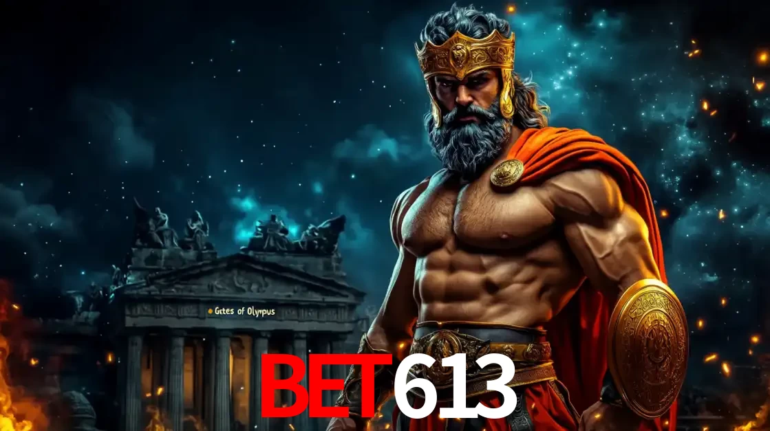 O poderoso Zeus do jogo de slot Gates of Olympus em frente ao seu templo, pronto para lançar multiplicadores divinos e prêmios épicos no cassino online bet613.