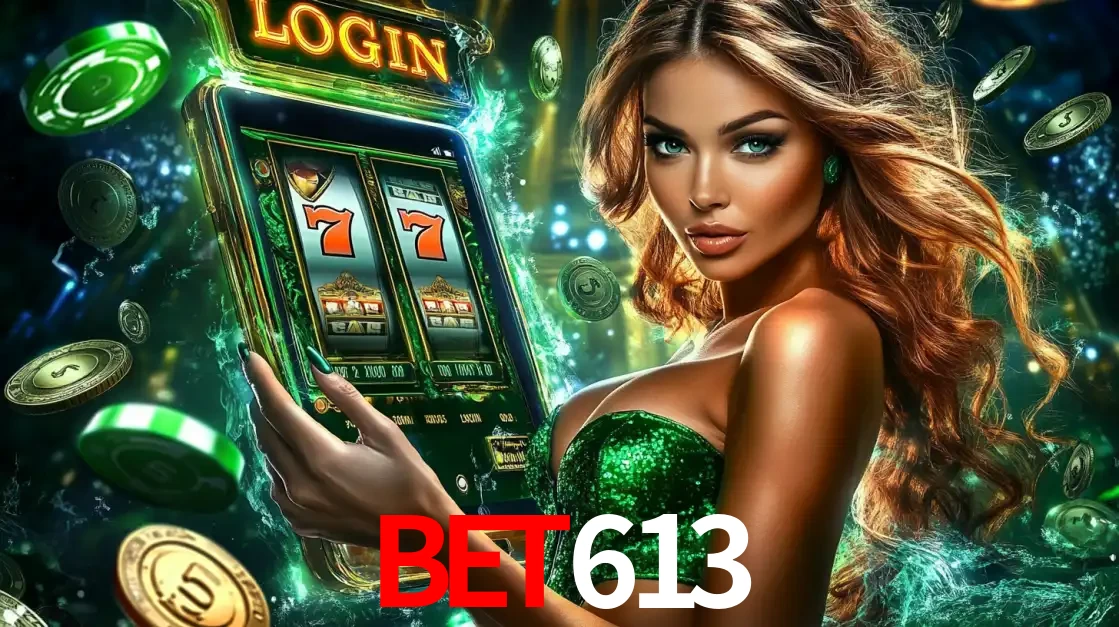 Mulher com tema verde apresentando o aplicativo do cassino bet613 com um jogo de slot de 777, cercada por fichas de cassino e uma aura de sorte.