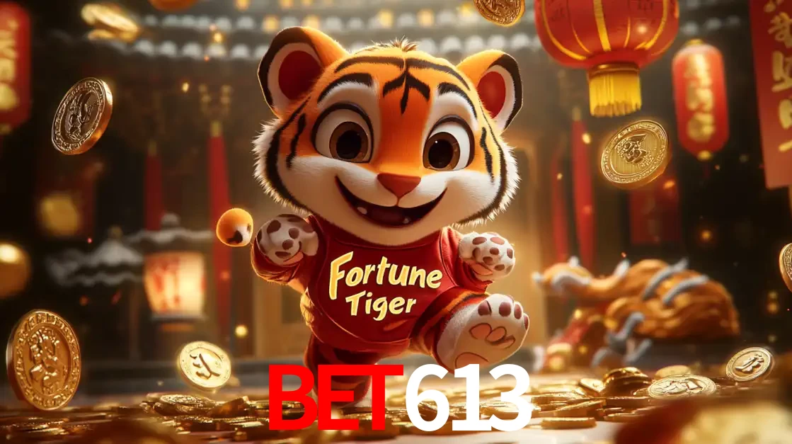O alegre personagem do Fortune Tiger correndo sobre um caminho de moedas de ouro, simbolizando os grandes prêmios e a diversão do popular jogo de slot do bet613.