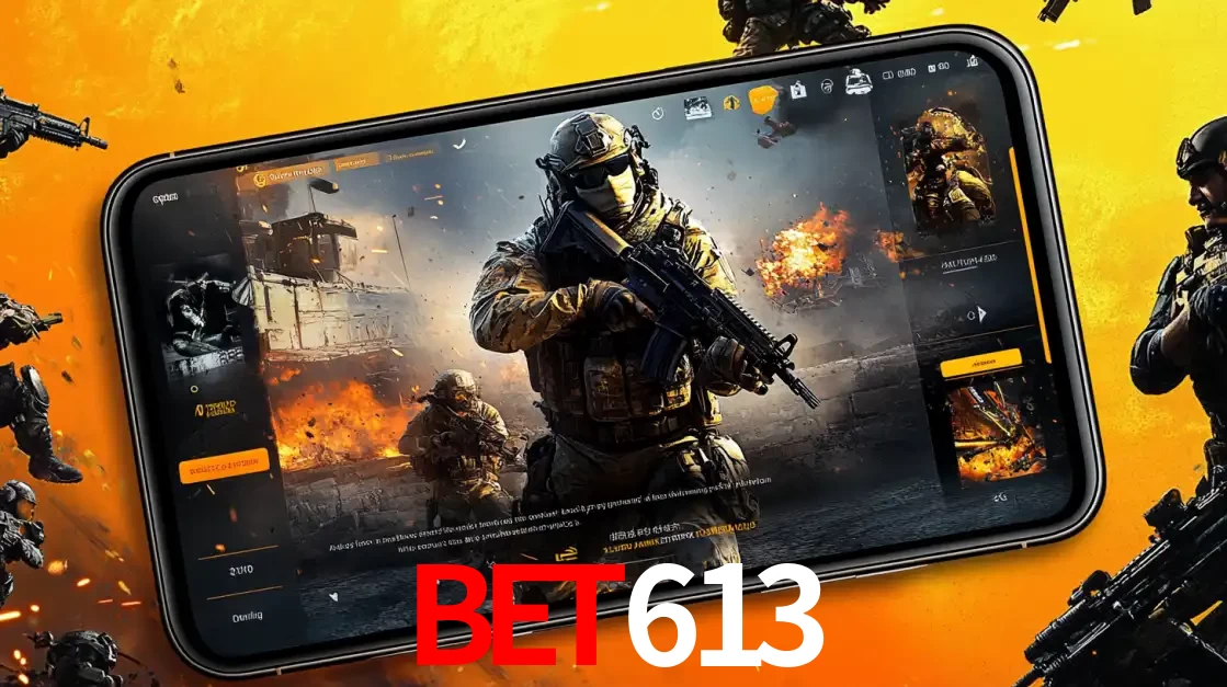 Um smartphone exibindo a interface de um jogo de tiro em primeira pessoa, com um soldado em um cenário de batalha, representando a ação dos e-sports para apostar no bet613.