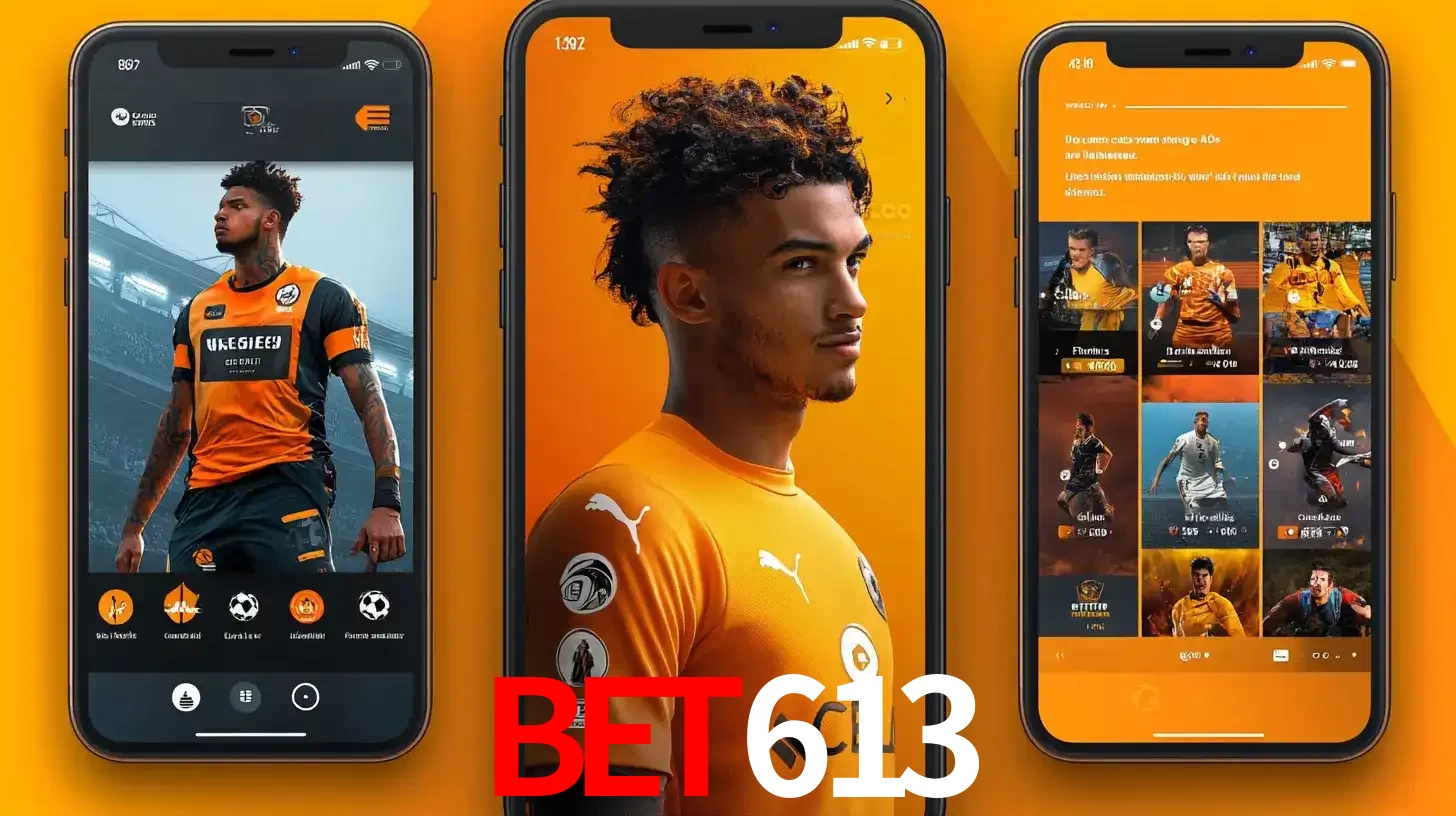 Interface do aplicativo de apostas esportivas bet613 em três telas de celular, mostrando o perfil de um jogador de futebol e a lista de jogos disponíveis para apostar.
