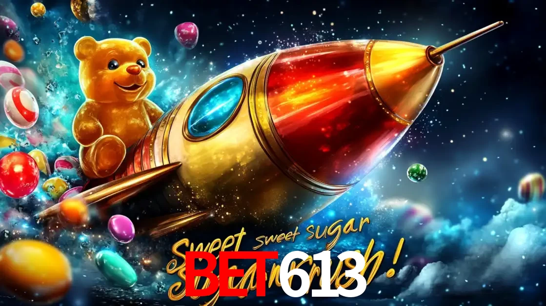 Arte promocional do jogo de slot Sugar Rush, com um urso de pelúcia em um foguete viajando pelo espaço de doces, um dos jogos divertidos disponíveis no cassino bet613.