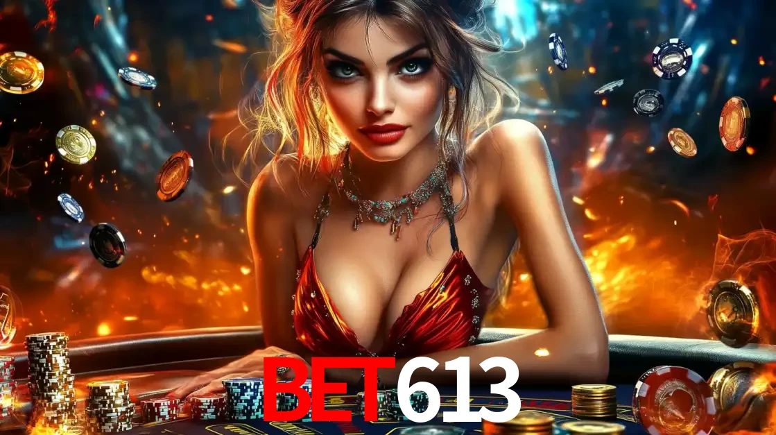 Mulher em uma mesa de cassino com pilhas de fichas e um fundo de fogo, pronta para uma rodada de altas apostas nos jogos de mesa emocionantes do cassino bet613.