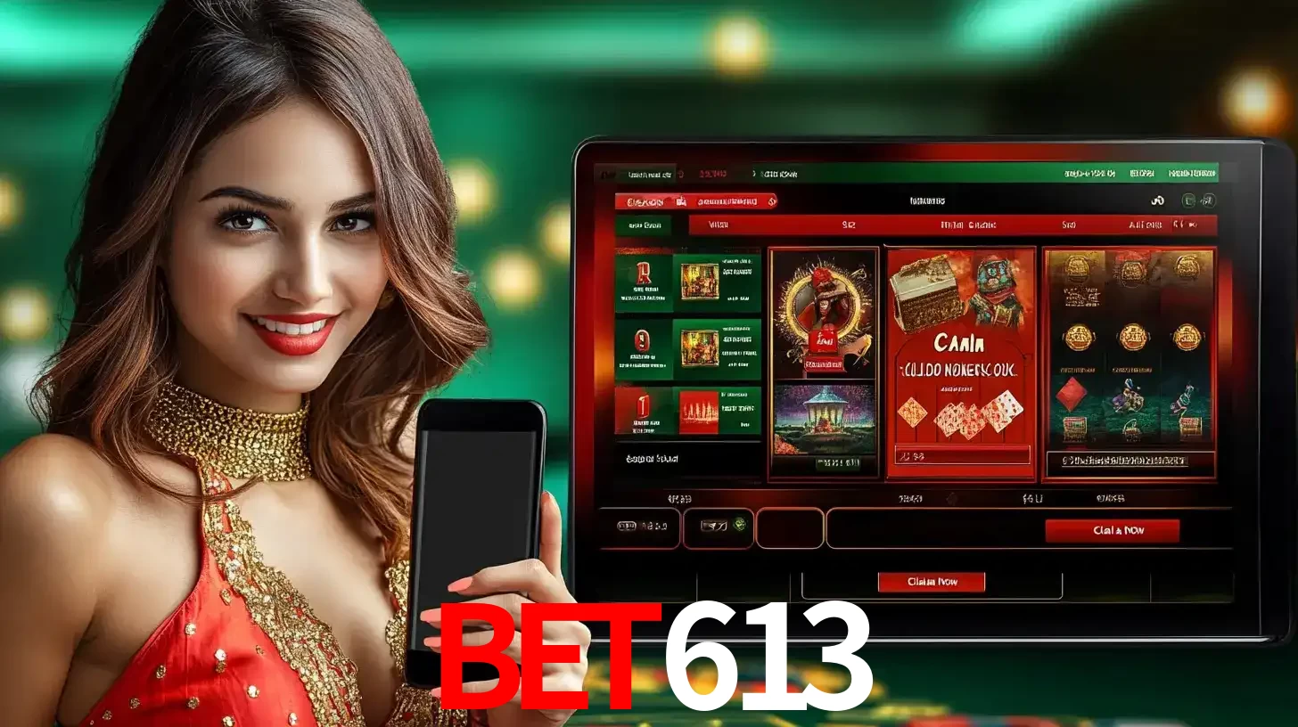Mulher sorridente segurando um smartphone, ao lado de uma tela exibindo o lobby de jogos do cassino online bet613, com várias opções de jogos de cartas e slots.